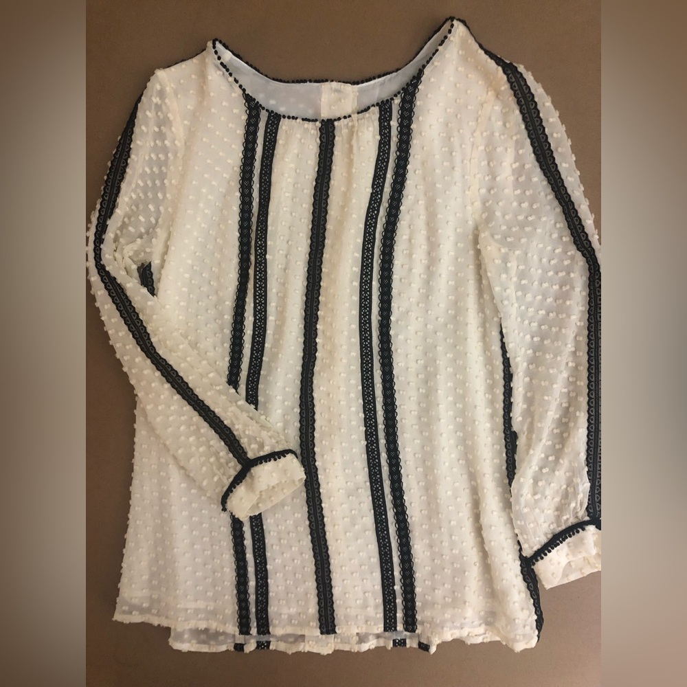 J. Crew Cream Black Lace Stripe Dotted 7/8 Sleeve Silk Blouse